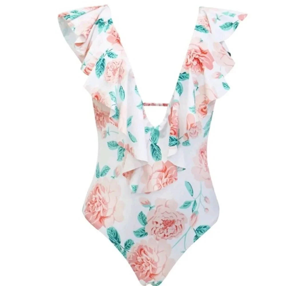 New Festival Roses Print Plunge Front Swimsuit